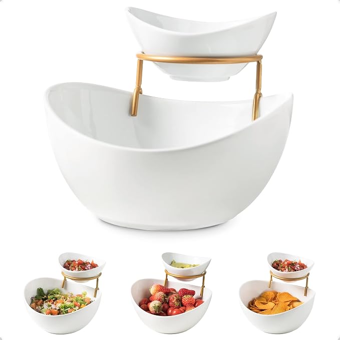 YHOSSEUN Chip and Dip Serving Set 2 Tiered Chip Dip Bowls with Metal Rack | Large Chip Bowl 45 oz for Appetizer, Snacks, Small Dip Bowl 7 oz for Sauce, Serving Bowls for Party, Food Dispaly, Gold Stand