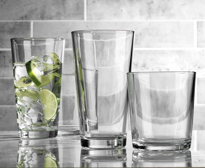 Glaver's Drinking Glasses Set of 12. Glassware set, 6 Highball Glass Cups, 6 Whiskey glasses. Classic Drinkware Set 17 oz Tall Glasses Set and 13 oz Rock Glasses.