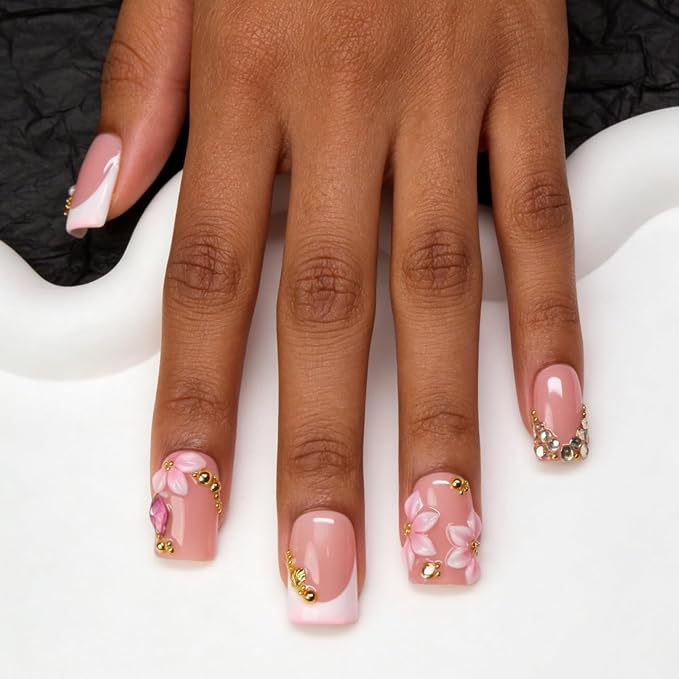 10 Pcs Flower Press on Nails Handmade Short Fake Nails 3D Pink White Flower Designs Rhinestone French Tips False Nails Press ons with Charms Designs Thick Square Acrylic Stick on Nail for Women (M)