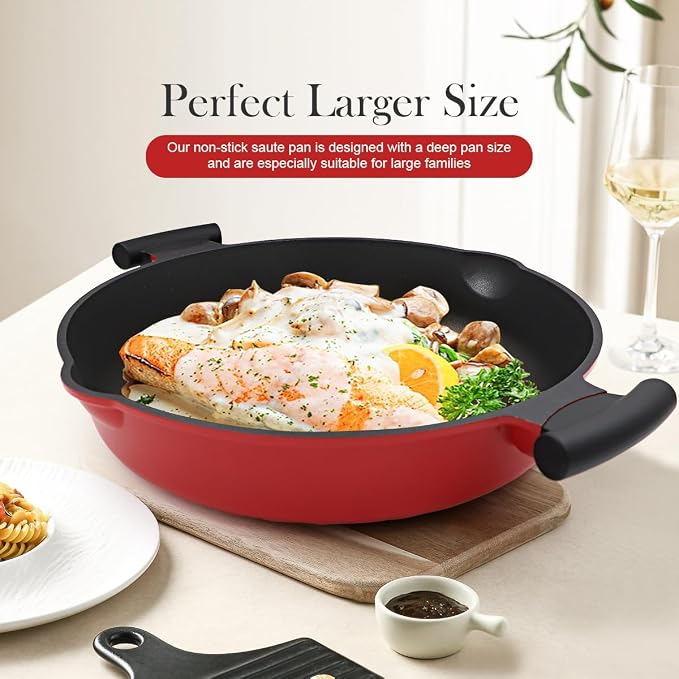 14-Inch Large Deep Frying Pan Skillet with Lid, 5-Quart Non stick Saute Pan, 2-In-1 Nonstick Sauté Pan Everyday Pan with Lid, Compatible with All Stoves, PTFE & PFAS-Free