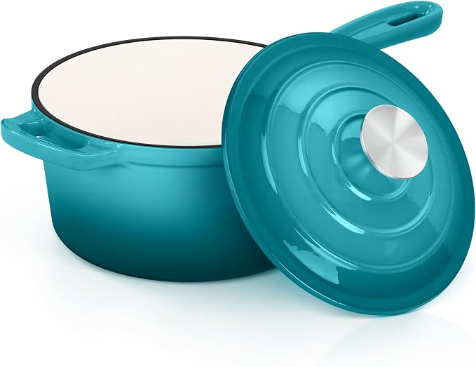 E-far Enameled Cast Iron Sauce Pan, 2 Quart Dutch Oven Saucepan with Lid, Small Sauce Pot for Cooking, Boiling, Healthy & Non Toxic, Induction & Oven Safe, Green