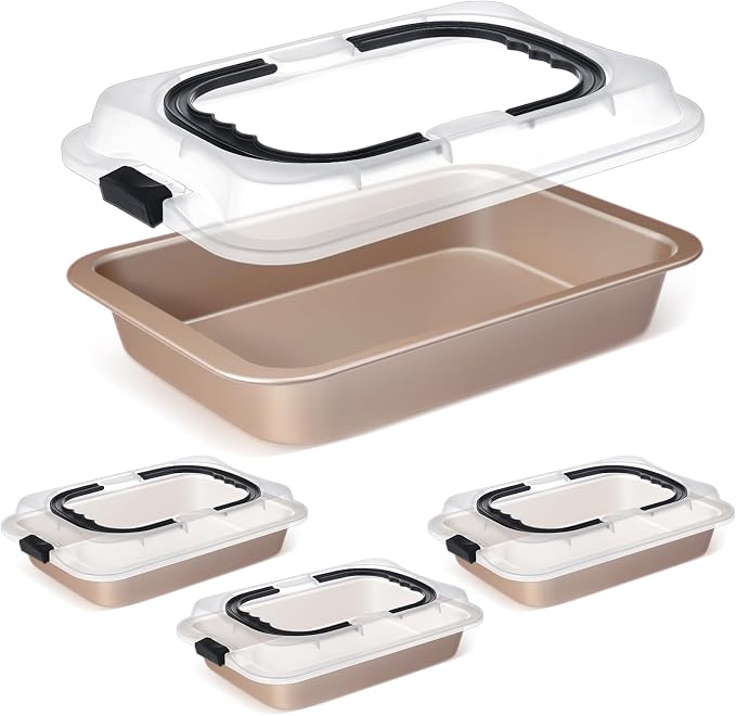 Qinyoung 4 Pcs Gold Cake Pan with Lid and Handle, 9 X 13 Inch | Non-stick, Rectangle Sheet Cake Pan, Covered Carrier, Brownie Roasting, Cooking, Baking