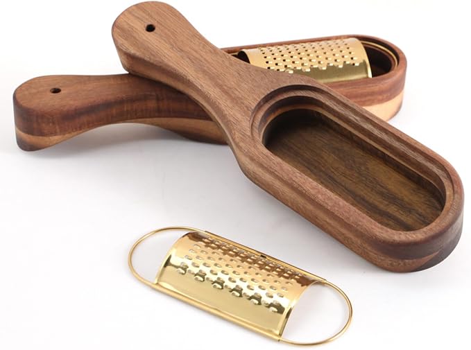 Box Cheese Grater With Container Stainless Steel Parmesan Cheese Grater With Wood Handle Shredder Zester Grater Box Kitchen Handheld Cheese Spoon Grater-Gold Colour (With Handle)