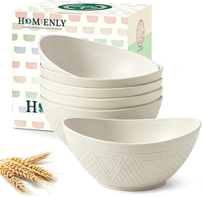 Unbreakable Cereal Bowls Wheat Straw Bowls Set 26 OZ Plastic Bowls Alternative for Kitchen 6 PCS Resuable Dessert Bowls for Party,New Home,Dorm Microwave & Dishwasher Safe-Beige