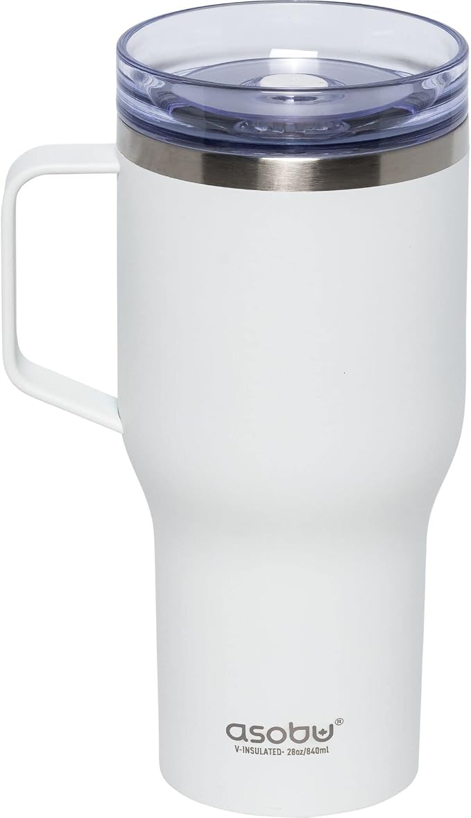 asobu 360 Travel Mug – 28oz Vacuum Insulated Stainless Steel Mug with 360° Spill-Proof Lid and Handle – Keeps Drinks Hot 12H / Cold 24H – Leak-Resistant and Cup Holder Friendly
