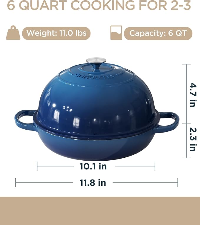 Enameled Cast Iron Bread Oven, 6QT Cast Iron Dutch Oven for Homemade Sourdough Bread Baking, Round Bread Pot with Dome Lid & Cotton Potholders, Navy Blue