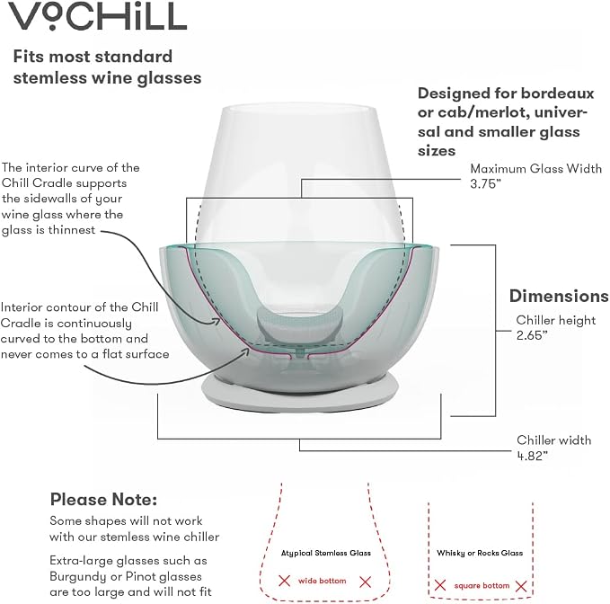 VoChill Stemless Wine Glass Chiller | Keep the Chill In Your Glass | Made In USA | The Original | Refreezable Chill Cradle™ | Actively Chills Stemless Glassware | Blush, Single Stemless