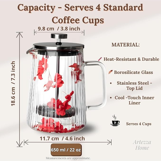 Glass French Press Coffee Maker, Heat Resistant Borosilicate Glass (22oz Red Floral)