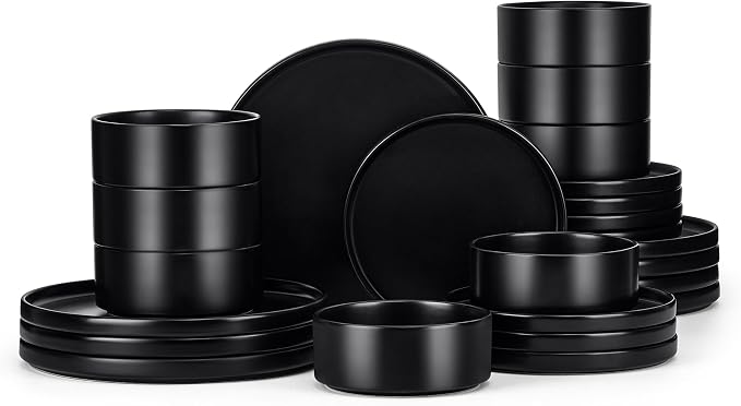 E-far Black Dinnerware Sets for 8, 24-Piece Stoneware Plates and Bowls Sets | Modern Kitchen Dining Dishware, Chip and Scratch Resistant, Microwave & Dishwasher Safe, Matte Black