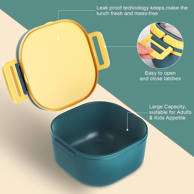Bento Box for Adults & Kids – Single Compartment Lunch Box,Food Container,BPA-Free,Microwave & Dishwasher Safe with Removable Divider,Utensils & Sauce Jar-Blue