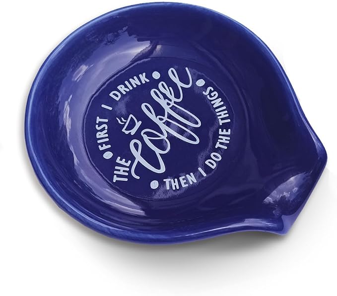 Littlefa Coffee Spoon Rest Holder-Coffee Bar Accessories-Navy Blue | Funny Ceramic Coffee Spoon Rest for Coffee Bar Accessories Essentials, But First I Drink Sign Coffee Lovers Gifts