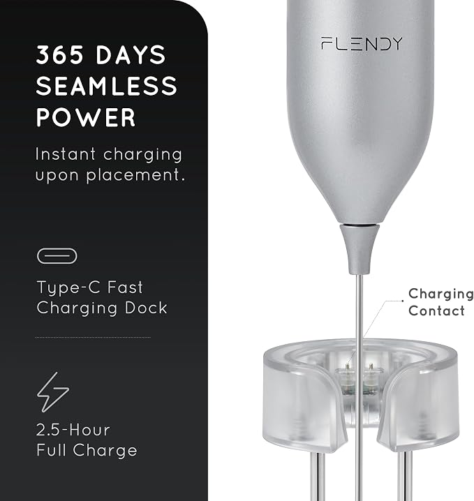Flendy Rechargeable Milk Frother Handheld with Charging Stand | USB-C Charging Dock, 2 Detachable Double Whisk, Extra Long Mixer Wand, Wall Mount, Top Button, Compact Electric Stirrer