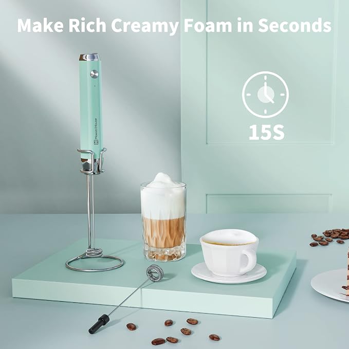 Maestri House LunaFro Rechargeable Milk Frother,Stand & 2 Detachable Whisks | 8000RPM Turbo Motor, 1200mAh lithium battery, Handheld Milk Frother for Lattes, Cappuccino, Matcha & Powdered Supplements