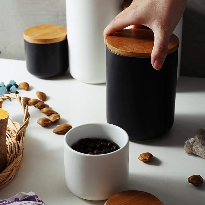 MilkyWay Food Storage Jar Ceramic Canisters With Airtight Seal Lid L 34oz | Durable Ceramic Material, Airtight Bamboo Lid, Modern Damp-Proof Design, Ideal For Coffee And Tea(Black(L: 34 oz/1000ml))