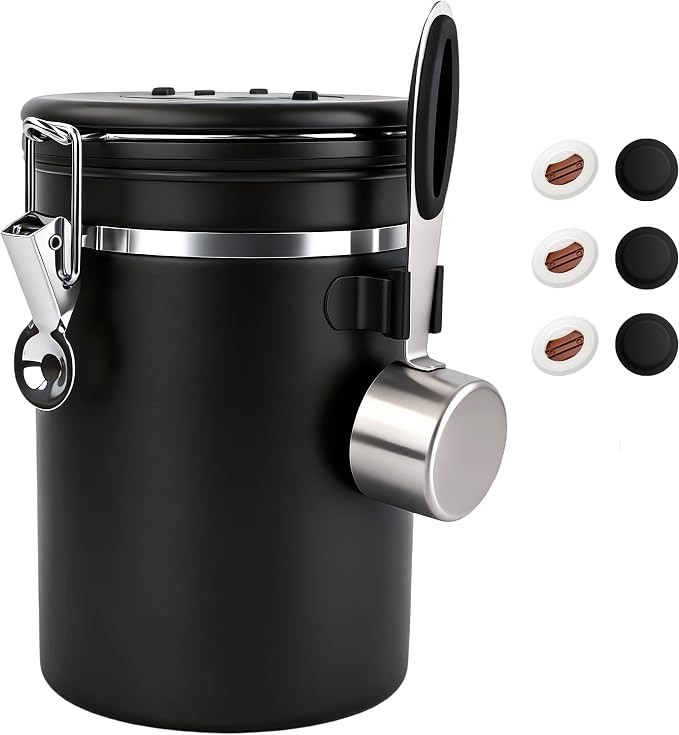 ShanSon Coffee Canister Airtight, Stainless Steel Bean Storage Container with Date Tracker & Scoop, Grounds Sugar Flour Tea Cereal Fits Kitchen Pantry, Ideal Gift for Coffee Lovers,22oz, Black