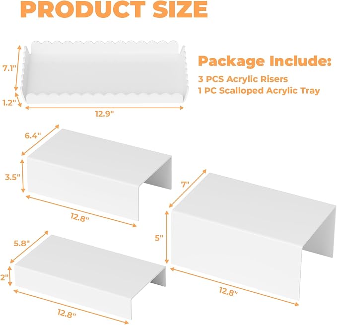 Food Display Stands, 4 PCS Acrylic Buffet Risers for Party Table, U-Shaped Tiered Acrylic Display Risers for Catering Dessert Drink Party Supply, Scalloped Serving Tray for Cupcake Fruit (Glossy White 4 PCS)
