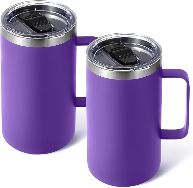 Volhoply 22oz Insulated Stainless Steel Coffee Mugs with Leakproof Lid Bulk 2 Pack,Double Wall Vacuum Travel Coffee Cup with Handle,Reusable Metal Tumbler,Camping Mug Keep Hot&Cold(Purple,2)