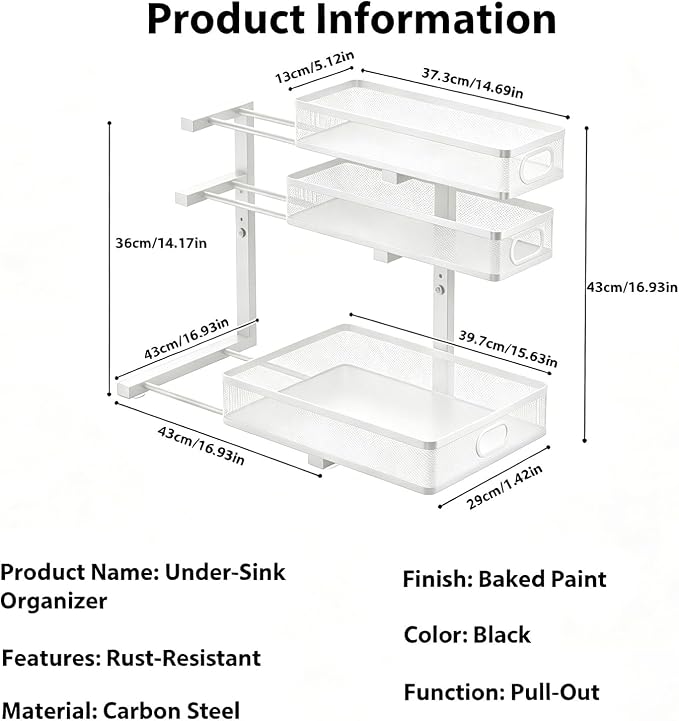 2 Pack Under Sink Organizer, 3-Tier Pull Out Kitchen Cabinet Organizer with 5 Adjustable Heights Metal Slide Out Bathroom Storage Makeup Drawer Rack for Bedroom Office Pantry Home Organization, White