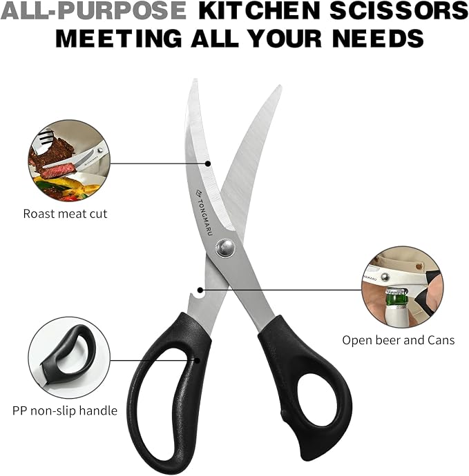 Heavy Duty BBQ Shears, Super Sharp All Purpose Kitchen Poultry Shears, Korean Barbeque Scissors with Anti-slip Handle, Serrated Blades with Bottle Opener function