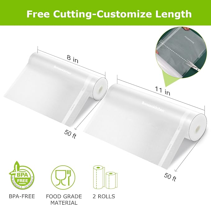 Bonsenkitchen Vacuum Sealer Bags Rolls for food, 11in x 50ft & 8in x 50ft | Durable Food Saver Bags, Commercial Grade, Heavy Duty, BPA Free, Seal a Meal, Food Storage & Sous Vide Cooking, VB25