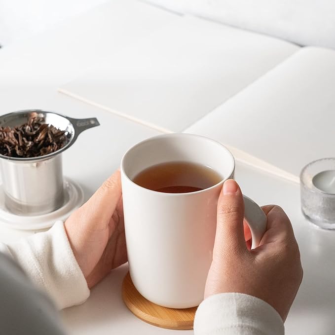 CEEFU 16oz Porcelain Tea Mug with Infuser, Lid and Coaster | Teaware with Filter, Loose Leaf Tea Cup Steeper Maker, Tea/Coffee/Milk/Women/Office/Home/Gift, White