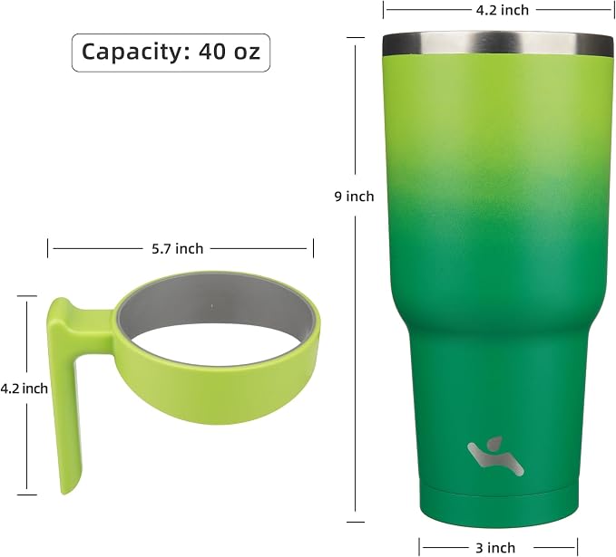Konokyo 40 oz Tumbler with Handle and Straw, Insulated Travel Mug | Matcha Green; BPA-free, leak-proof tumbler with 2 lids, 2 straws, cup holder fit for coffee, office, travel & daily use