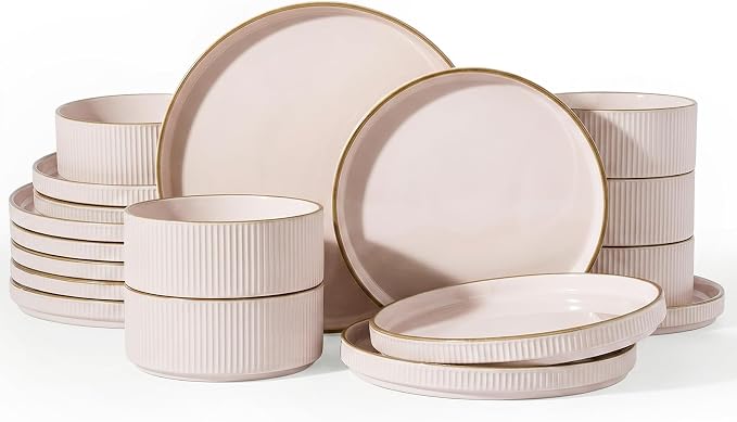 Famiware Stoneware Dishes Dinnerware Sets for 6, Plates and Bowls with Trim | 18pc Ceramic Dinner Set with Lipped Edges, Chip & Scratch Resistant , Microwave & Dishwasher Safe, Everyday Formal Use, Pink