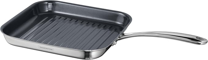 Tramontina Utsava Tri-Ply Clad Stainless Steel 10-Inch Square Grill Pan | Ceramic Non Stick Interior, Induction-Ready