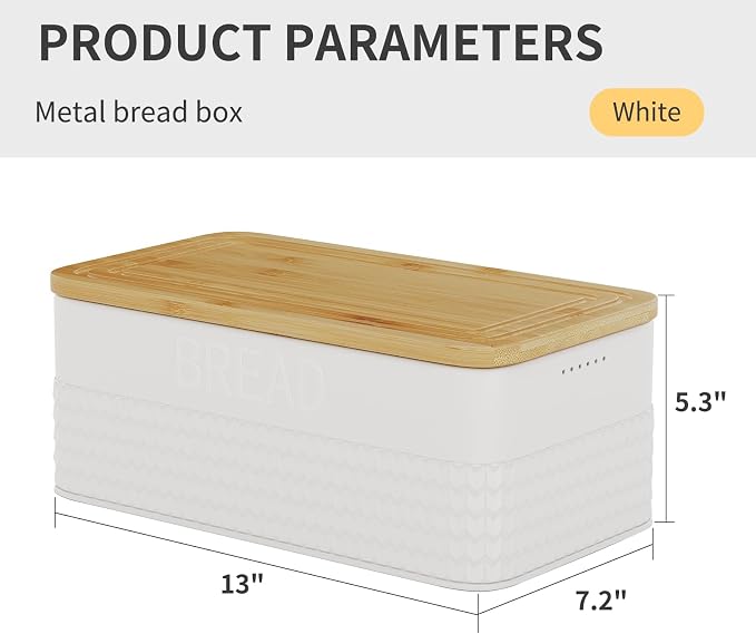 Bread Box for Kitchen Countertop,Metal Bread Storage Bin with Bamboo Cutting Board Lid, Includes Bread Knife, Fits Sourdough & Buns, Stylish Organize (White)