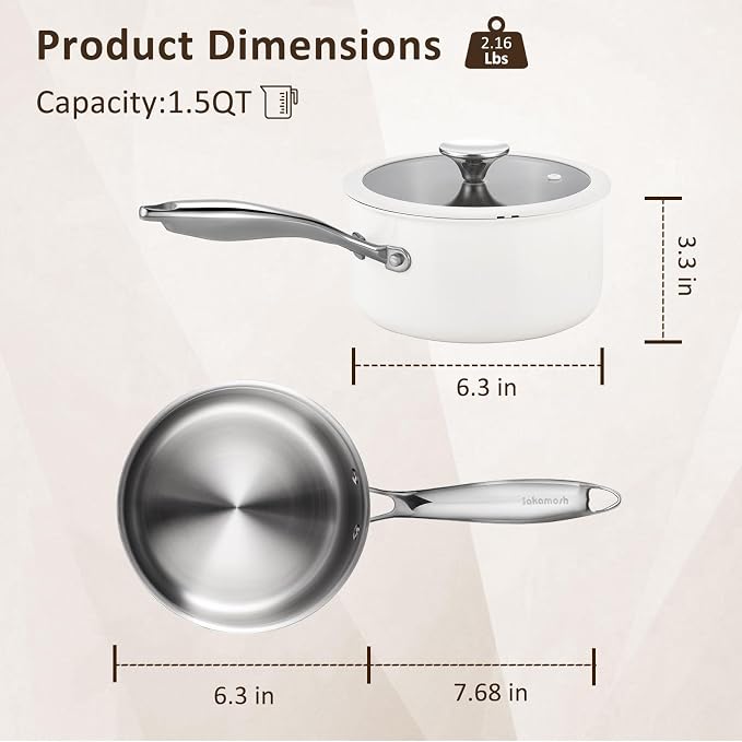 SAKAMOSH 1.5qt Tri-Ply Stainless Steel Saucepan & Lid, Induction Safe | PFAS/PFOA/PTFE-Free, Dishwasher & Oven & Induction Safe, Small Suace Pan with Stay-Cool Handle, Compatible with All Cooktops