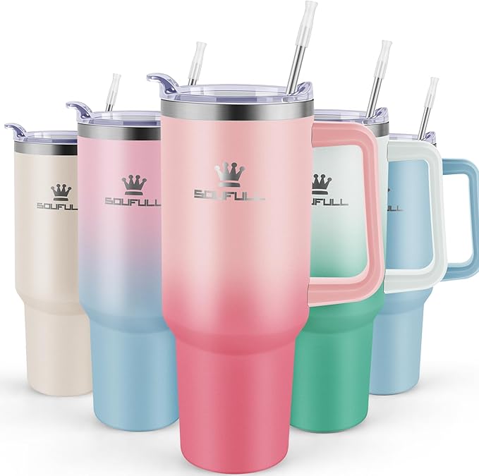 Soufull 40 oz Tumbler with Handle and Straw Lid, 100% Leak-proof, PinkRed | Stainless Steel Insulated Travel Coffee Cup, Keeps Cold 34Hrs or Hot 10Hrs, Dishwasher Safe