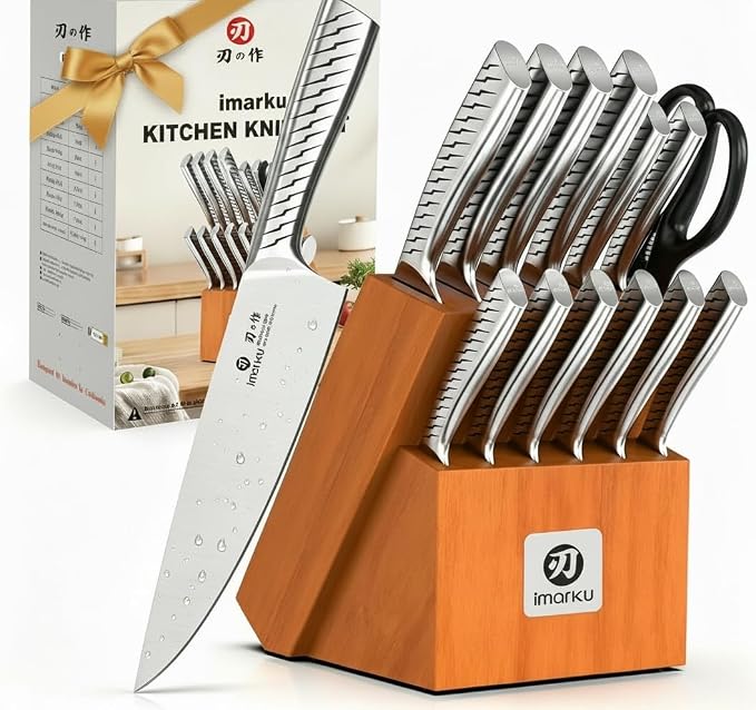 imarku 14-Piece Knife Set. Pro power, home ease | Self-sharpening builds skill. Razor-sharp high carbon steel. Grip boosts confidence. Steady, non-slip prep.