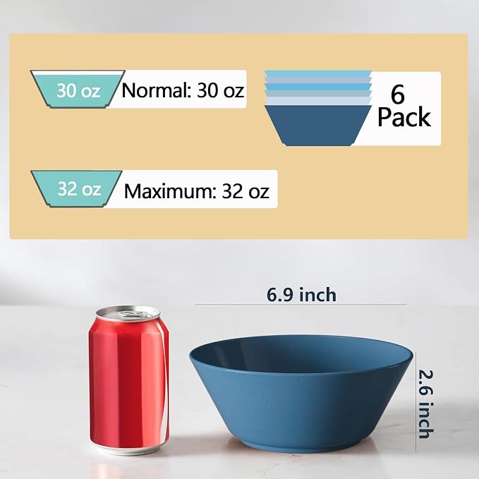 32 Ounce Cereal Bowls, Unbreakable Wheat Straw Fiber Bowl, Lightweight Kitchen Bowls Microwave & Dishwasher Safe BPA Free Bowls, E-Co Friendly Bowls Set for Cereal, Salad,Oatmeal, Soup,Snacks -6 Color