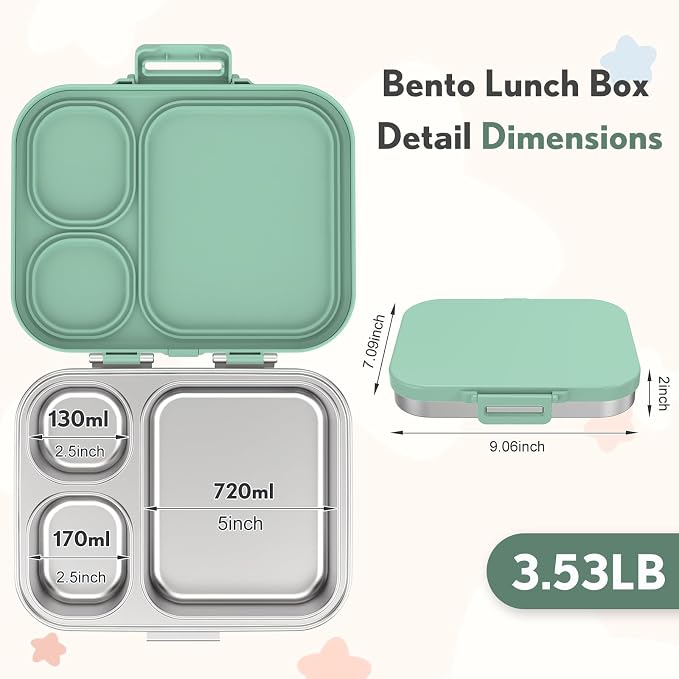 Howeemo Stainless Steel Bento Box Kids, Leak Proof Metal Bento Lunch Box,3 Compartments 304 Stainless Steel Bento Lunch Containers for School and Office, BPA-Free(Green)