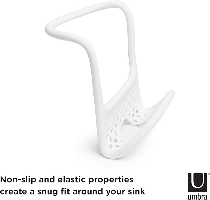 Umbra Sling Flexible Sink Caddy, Elastic Non-Slip Sponge Holder, White | Rubber material, perforated base for drainage, prevents moisture buildup, fits faucet necks, easy rinse clean