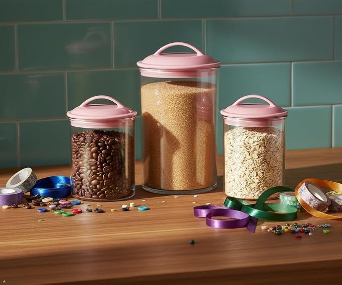 Reston lloyd Food Storage Containers, BPA Free Airtight Canisters for Cereal, Pasta, Sugar, Coffee, Flour, Cookies, Loose Tea, for Kitchen Organization, Set of 3, Pink