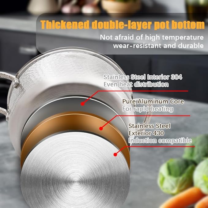 Vivicreate Tri-Ply Stainless Steel Stockpot Deep Cooking Pot with Hammered Exterior Compatible with All Stovetops Even Heat Distribution Durable Cookware for Soups Stews and More 4 QT