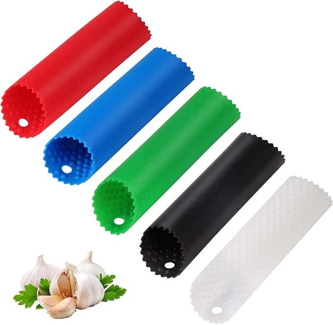 Sinnsally Garlic Peeler Skin Remover Roller Keeper,Easy Quick to Peeled Garlic Cloves with Silicone Tube Roller Garlic Peeling Kitchen Tool (5 Colors)