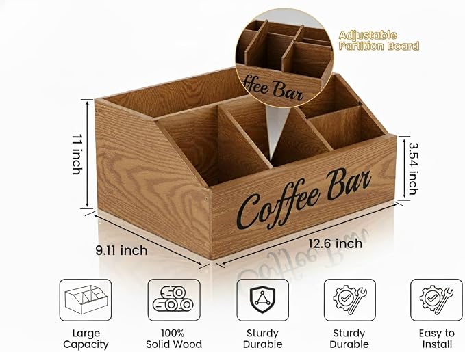 Coffee Station Organizer for Countertop – Wooden Coffee Bar Organizer with Adjustable Dividers,Holds K Cup Pod & syrup bottles, for Kitchen, Office, or Bar and Tea Station, Brown
