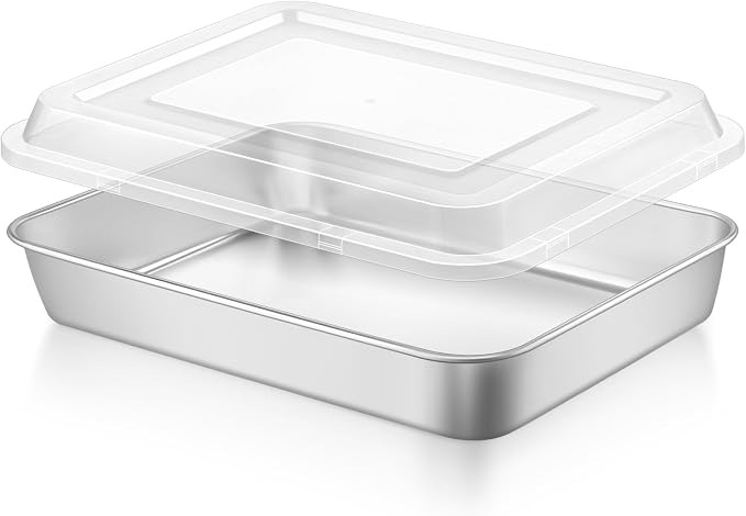 LIANYU Baking Cake Pan Set with Lid, 12⅓ x 9¾ x 2 Inch Lasagna Brownie Pan | Stainless Steel Baking Sheet, Rectangular Metal Bakeware, Oven & Dishwasher Safe Pan (1 Pan +1 Lid )