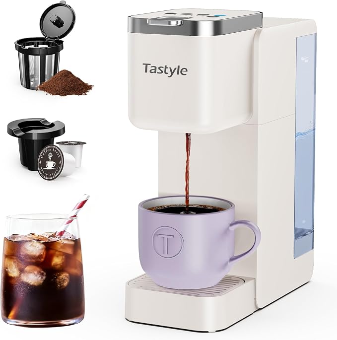 Tastyle Single Serve Coffee Maker for K Cups and Grounds with 3 Brew Styles | 40oz Removable Water Tank, 6 to 24oz Brew Size, Compact Design, Fits 7.3" Travel Mug, for Home, RVs and Office, K330IC, Beige