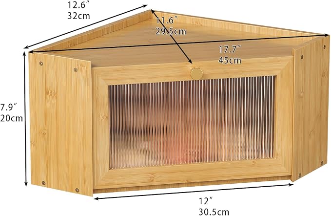 Trironsun Corner Bamboo Bread Box for Kitchen Counter Large Capacity Rustic Bread Storage Container with Wavy Arcylic Transparent Door Vintage Storage for Homemade Bread (Natural Bamboo)