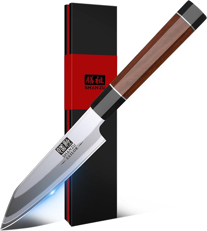 SHAN ZU 3.75" Japanese Paring Knife, 9 Layers 10Cr15MoV High Carbon Steel | Small Kitchen Knife, Ultra Sharp Fruit Sashimi Knife with Red Sandalwood Handle, Gifts for Women & Men