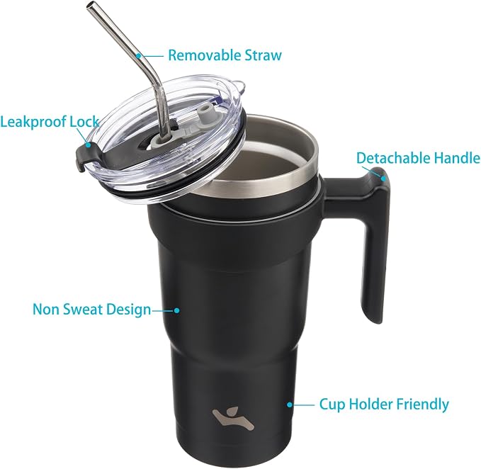 Konokyo 20 oz Tumbler with Handle and Straw, Insulated Travel Mug | Black; BPA-free, leak-proof tumbler with 2 lids, 2 straws, cup holder fit for coffee, office, travel & daily use