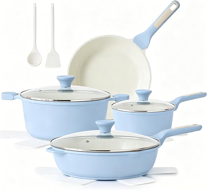SENSARTE Nonstick Ceramic Cookware Set Large 13-Piece, Healthy Pots and Pans Set Dishwasher Safe, Non-toxic Kitchen Cooking Set with Stay-Cool Handles, Induction Compatible, PFAS Free, Blue
