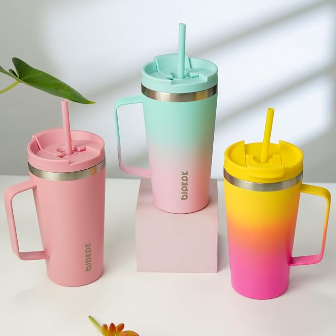 BJPKPK 22oz Insulated Tumbler with Handle, Lid & Straw, Stainless Steel | Double Wall Vacuum Insulated Coffee Travel Mug - Keeps Cold & Hot, BPA Free, Cupholder Fit for Office, Gym & Travel