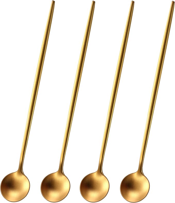 7.95 Inches Matte Gold Stainless Steel Iced Tea Spoons,Set Of 4 SS18/10 Cocktail Stirring Spoons,Long Handle Ice Teaspoons For Mixing,Coffee Stirrers,Ice Cream Spoon