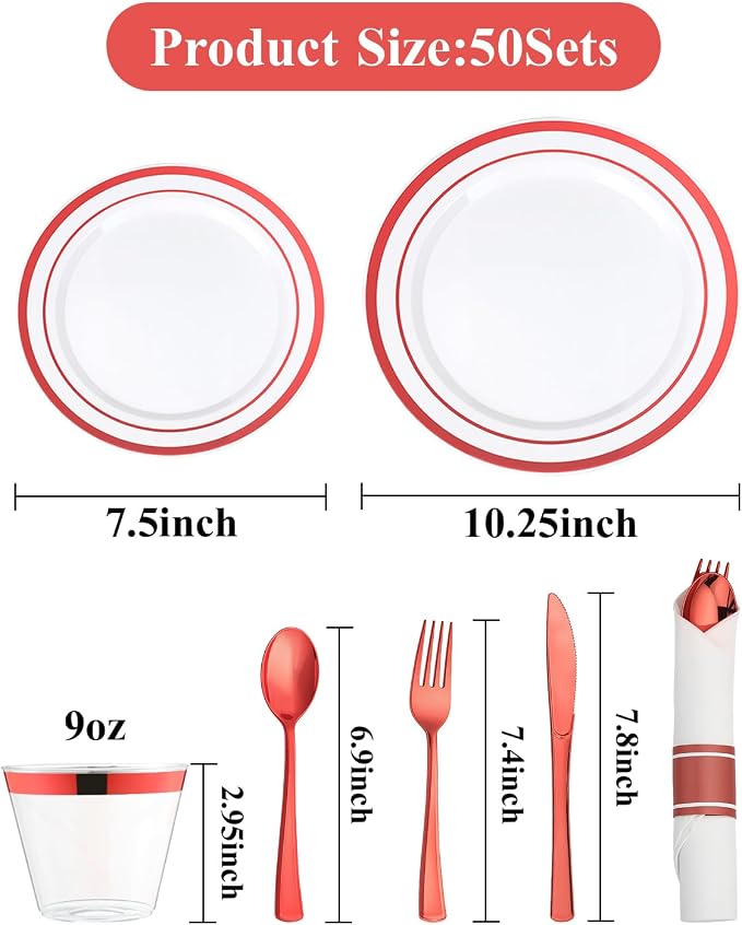 350 Piece Red Plastic Dinnerware Set for 50 Guests | Disposable Dinnerware Includes: 50 Dinner Plates, 50 Dessert Plates, 50 Pre Rolled Napkins with Silverware, 50 Cups