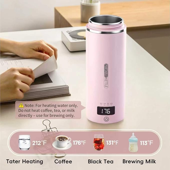 Travel Kettle, Portable Electric Kettle for 4 Temperature Controls, Pink | 304 Stainless Steel Liner, Auto Shut-off, 300W (120V) Fast Boiling, Water Bottle for Business Trips, Dorm & Office, 450ml