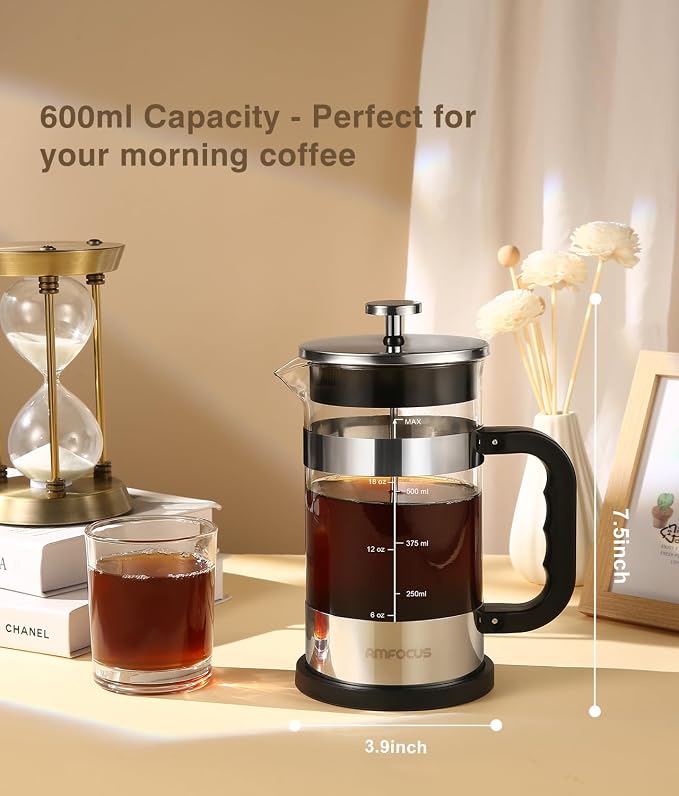 AMFOCUS French Press Coffee Maker, 21OZ, Borosilicate Glass Coffee Press | Thickened Glass Cold Brewer, 4-Level Filtration,Coffee Tea Pot for Kitchen Camping Travel Gifts